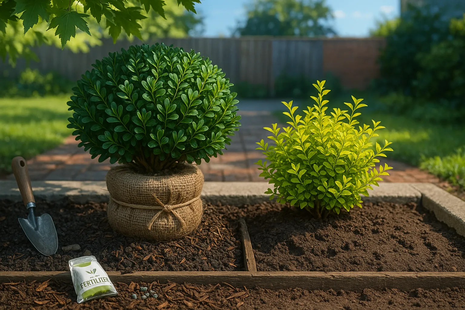 Side-by-side boxwood and golden Lonicera nitida in contrasting garden soils.
