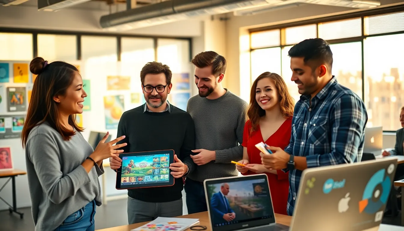 a diverse team brainstorming game ideas in a bright office.