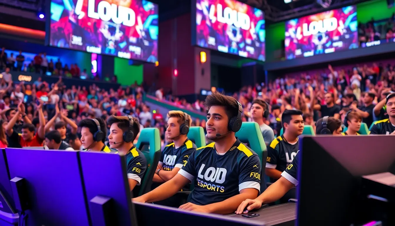 diverse gaming team competing in a vibrant esports arena.