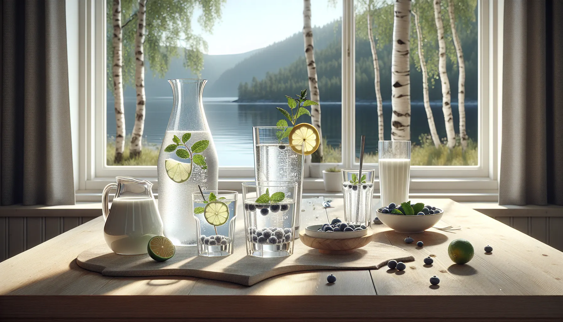 De beste drikkene for å hydrere og styrke hjertet 3 Sparkling water with lemon and mint on a nordic table, with small juices.