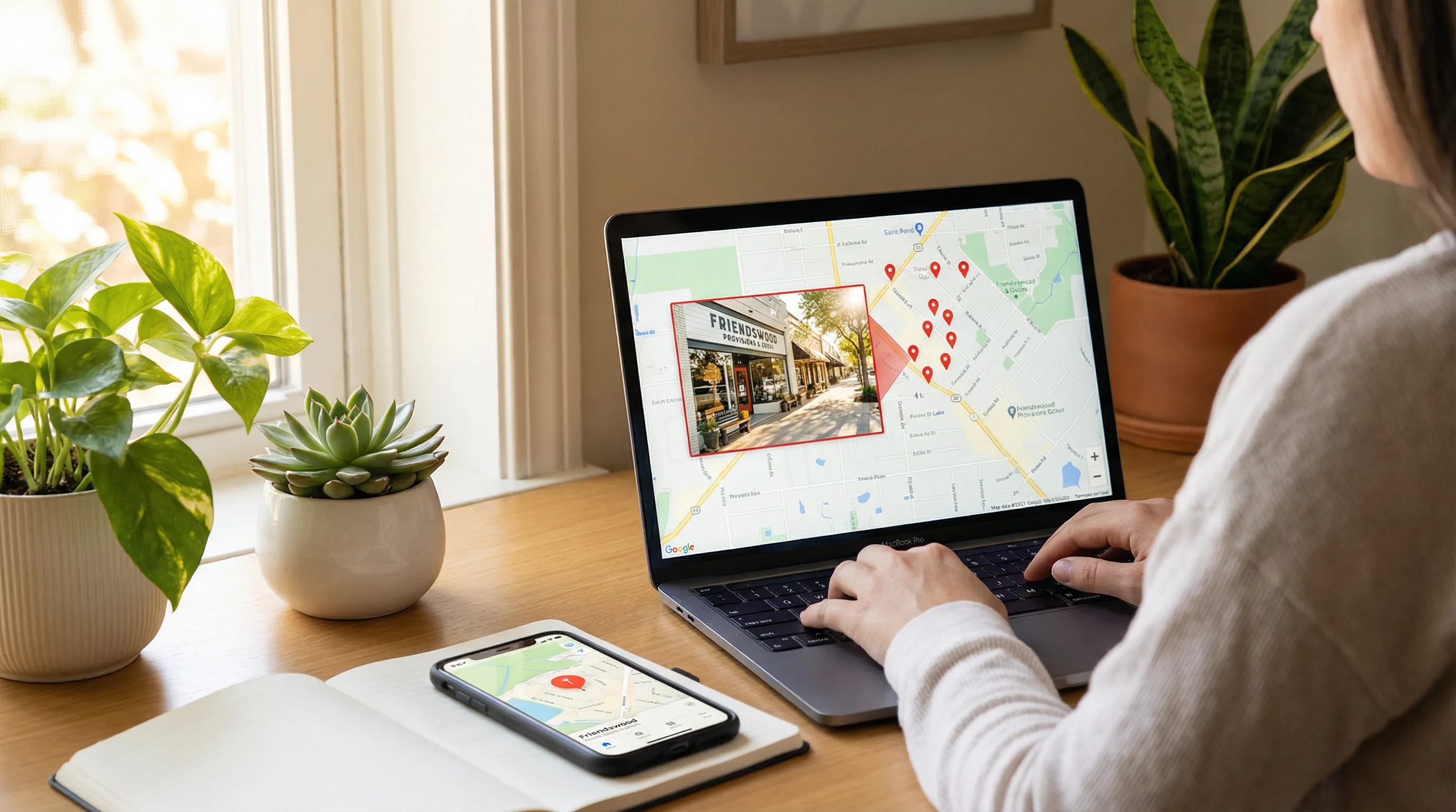 Professional workspace showing a laptop with a local map and a highlighted Friendswood storefront on screen.