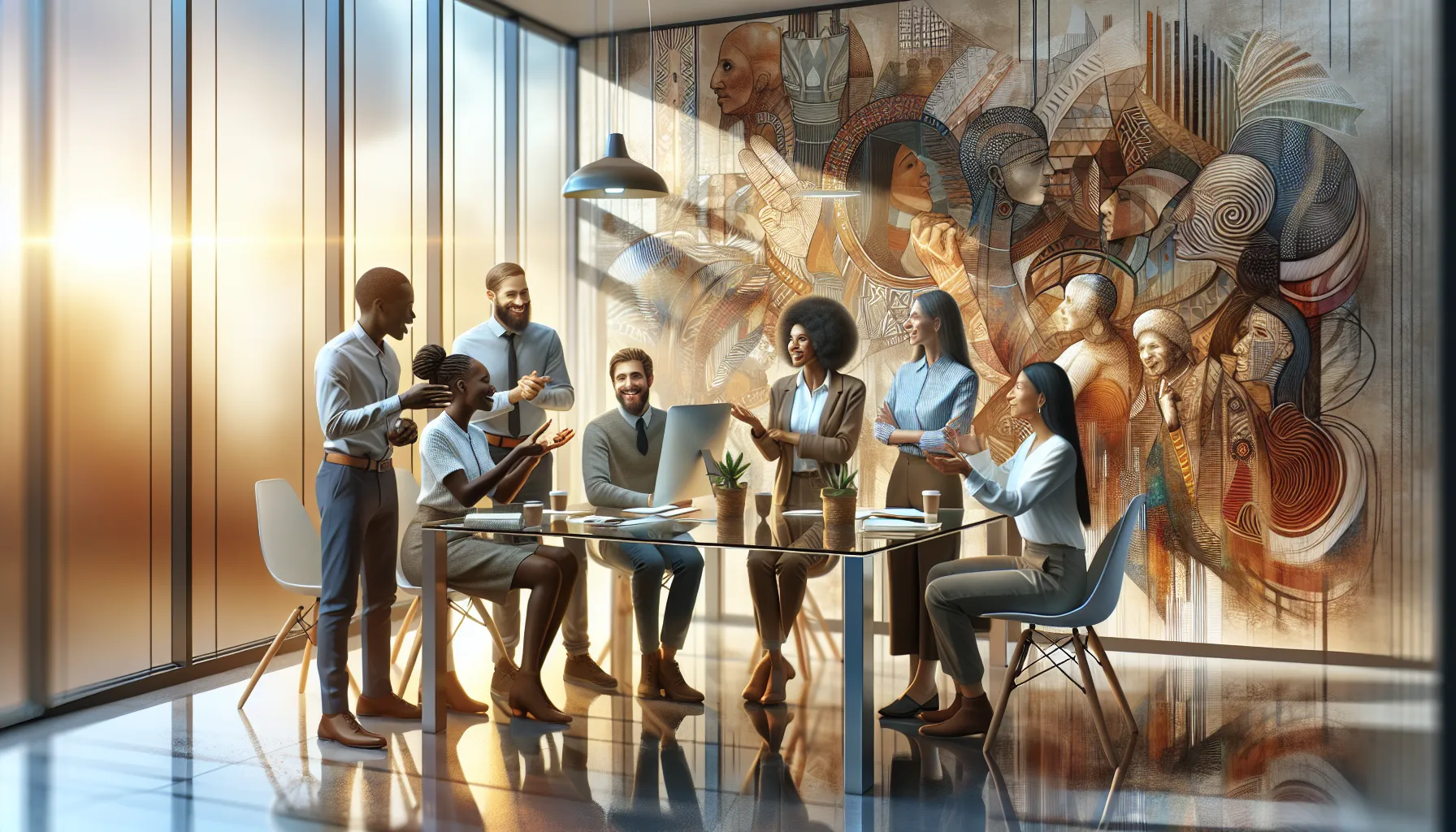 diverse team discussing cultural heritage in a modern office.