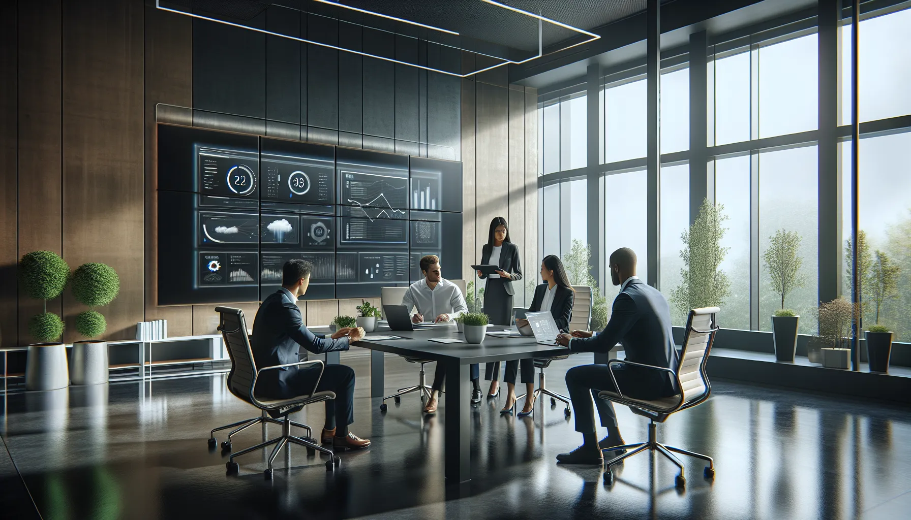 team discussing software solutions in a modern office.