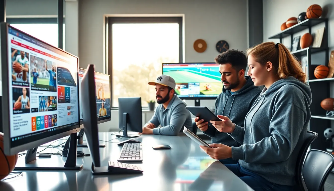 a modern workspace with people discussing sports news and analysis.