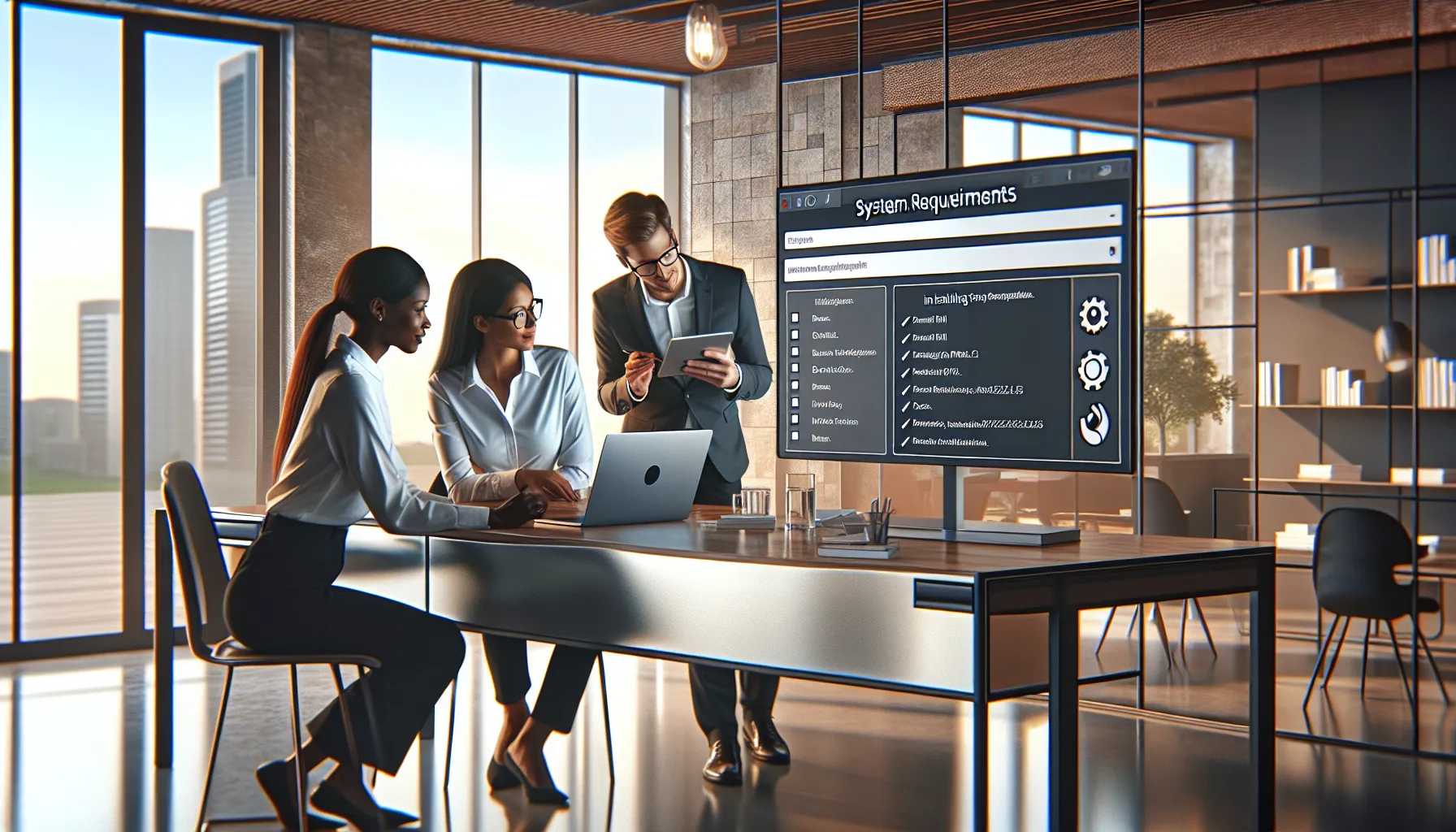 diverse team reviewing system requirements for software installation.