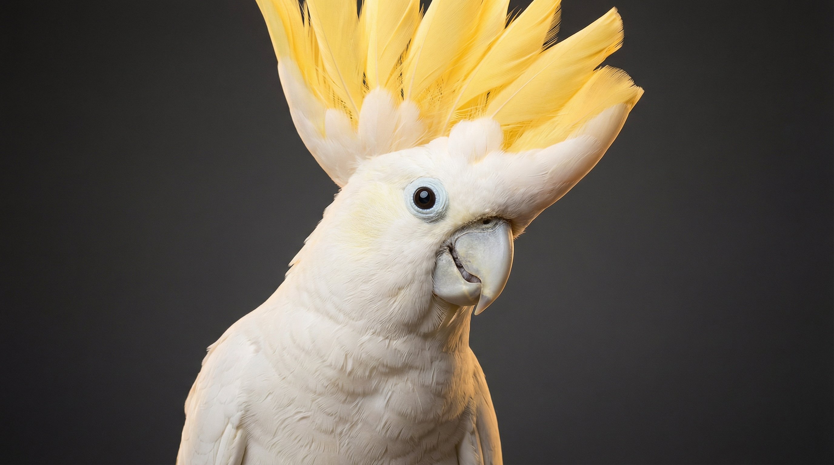 Close-up studio portrait of a Sulphur-crested cockatoo with raised yellow crest.