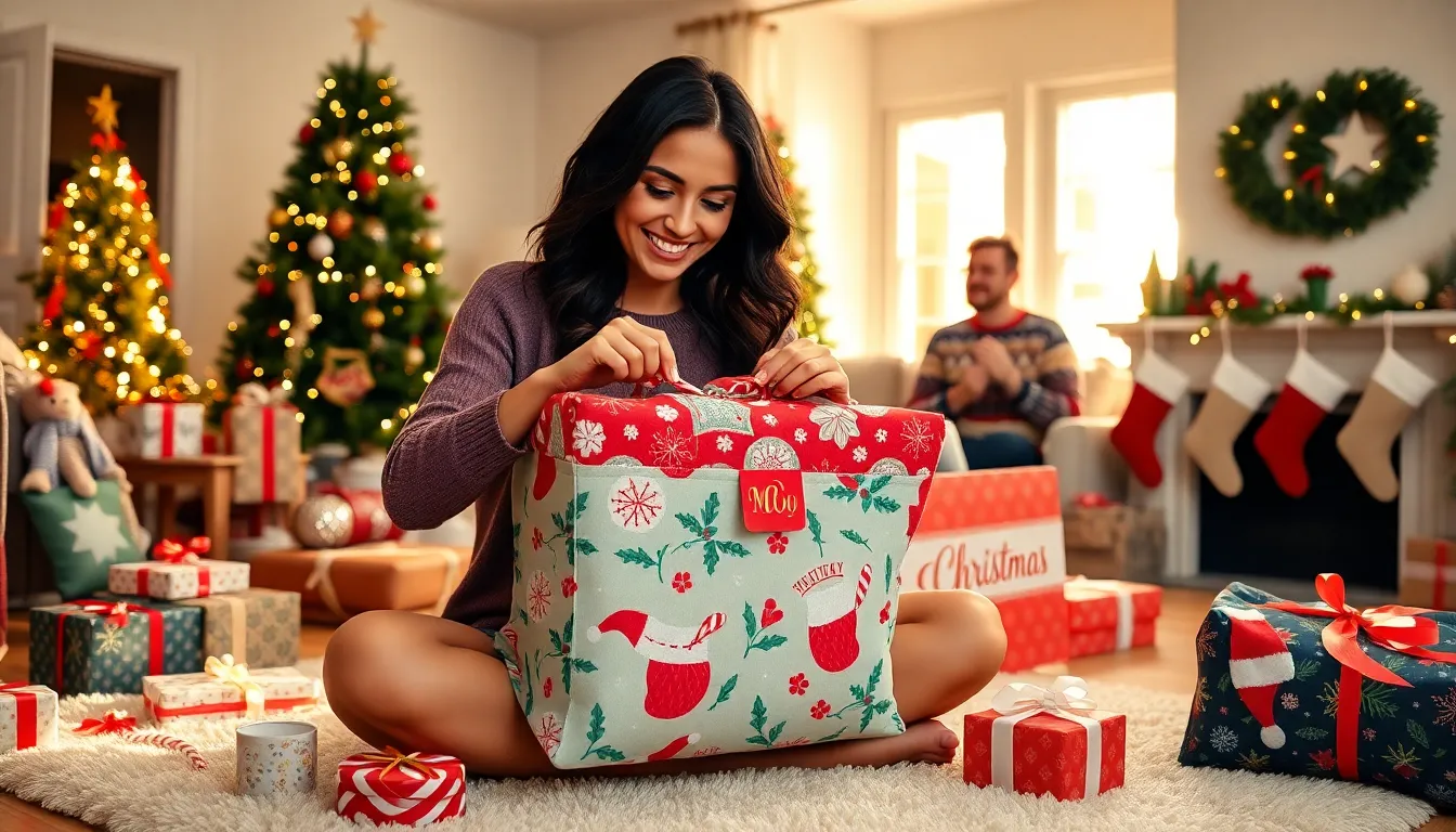 a woman gift wrapping holiday-themed tote bags in a cozy, festive living room
