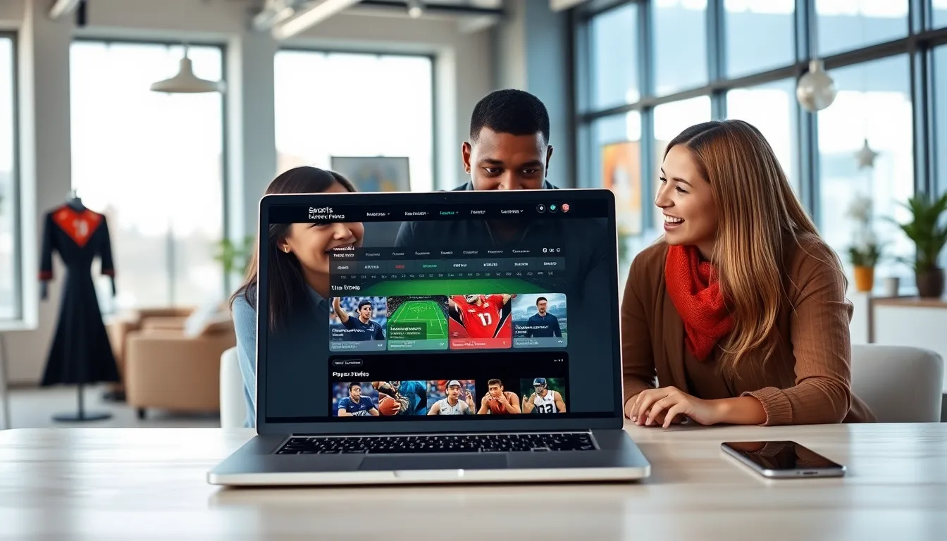 professionals discussing a sports website in a modern office.