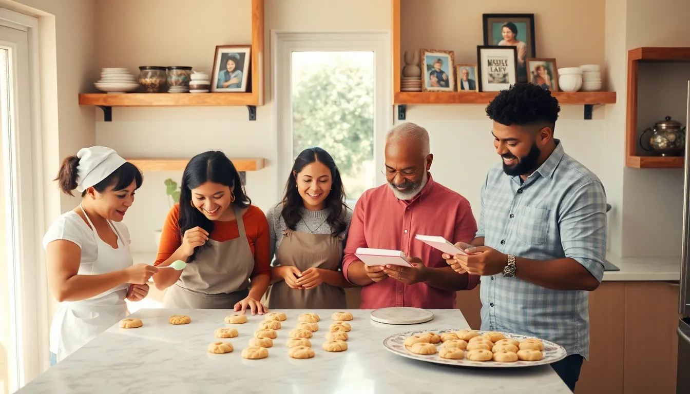 diverse group baking cookies in a warm, inviting kitchen.