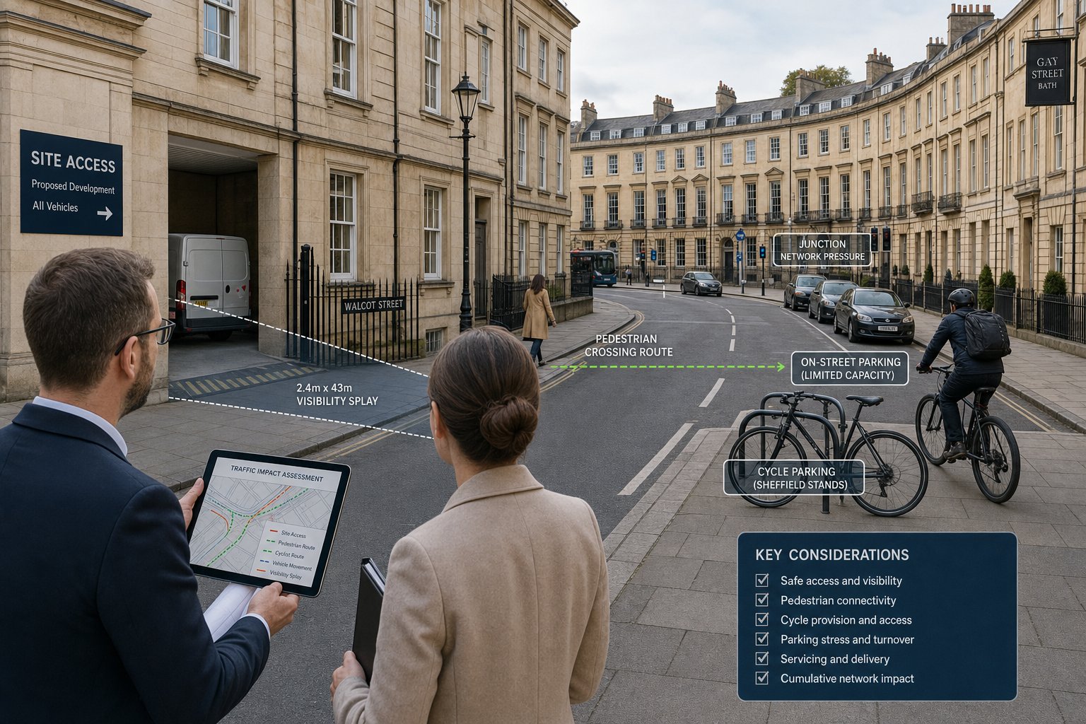 Traffic engineer assessing access and parking on a Bath street.