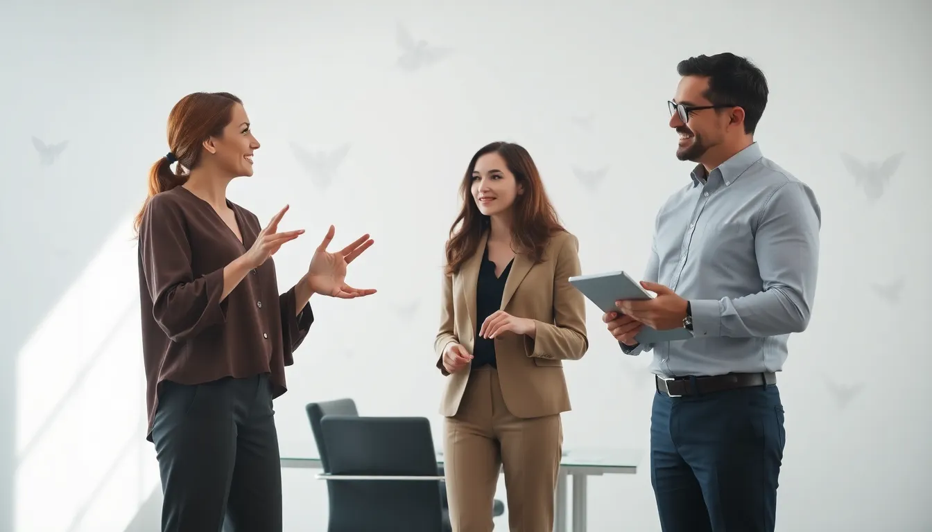 diverse professionals discussing concepts of angels and fairies in a modern office.