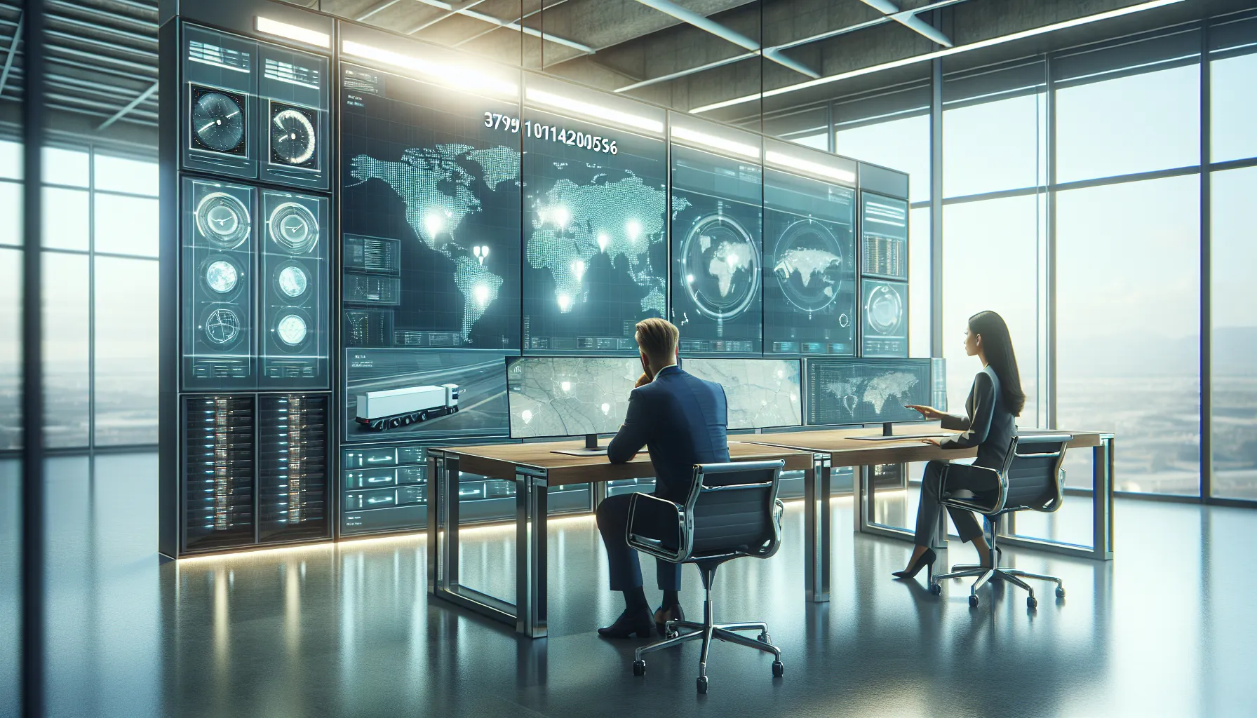 Team analyzing shipment data in a high-tech logistics control room.