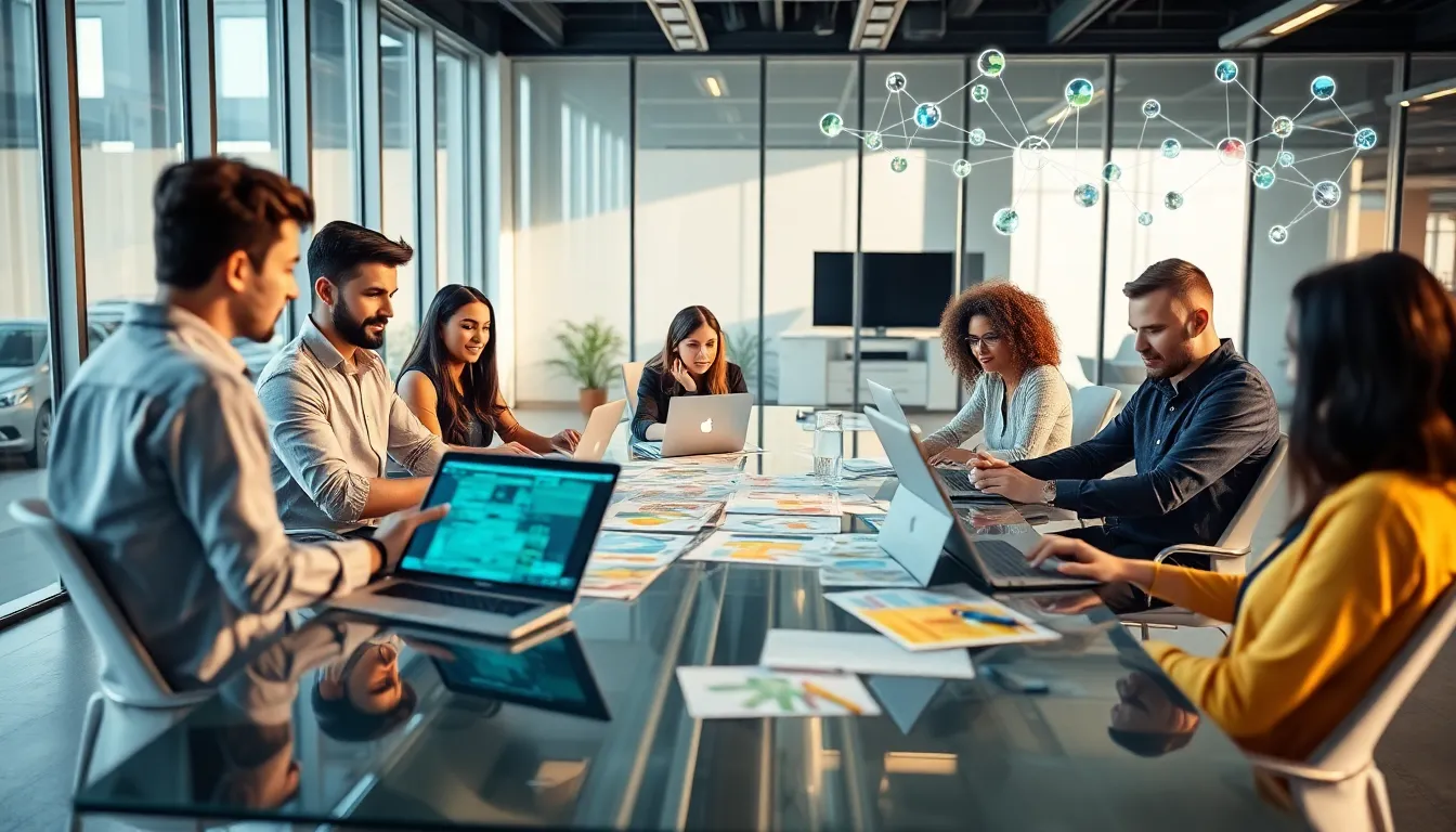 diverse team brainstorming game designs in a modern workspace.