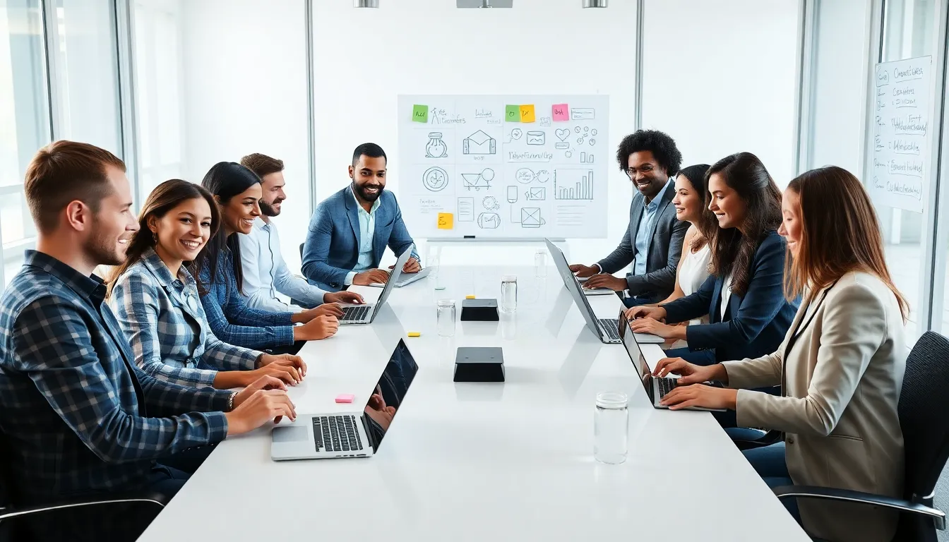 diverse team collaborating with digital tools in a modern office.