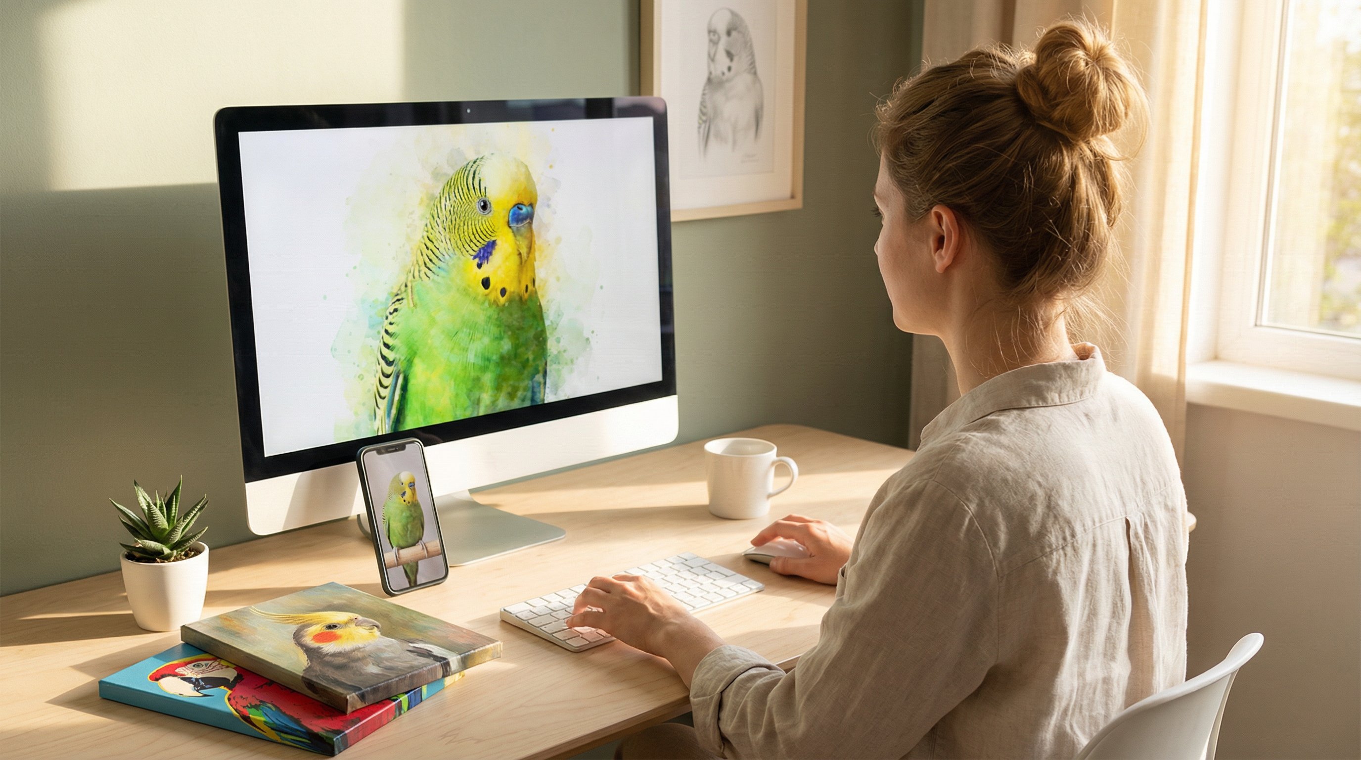 Woman reviewing a custom bird portrait on her computer screen at home.
