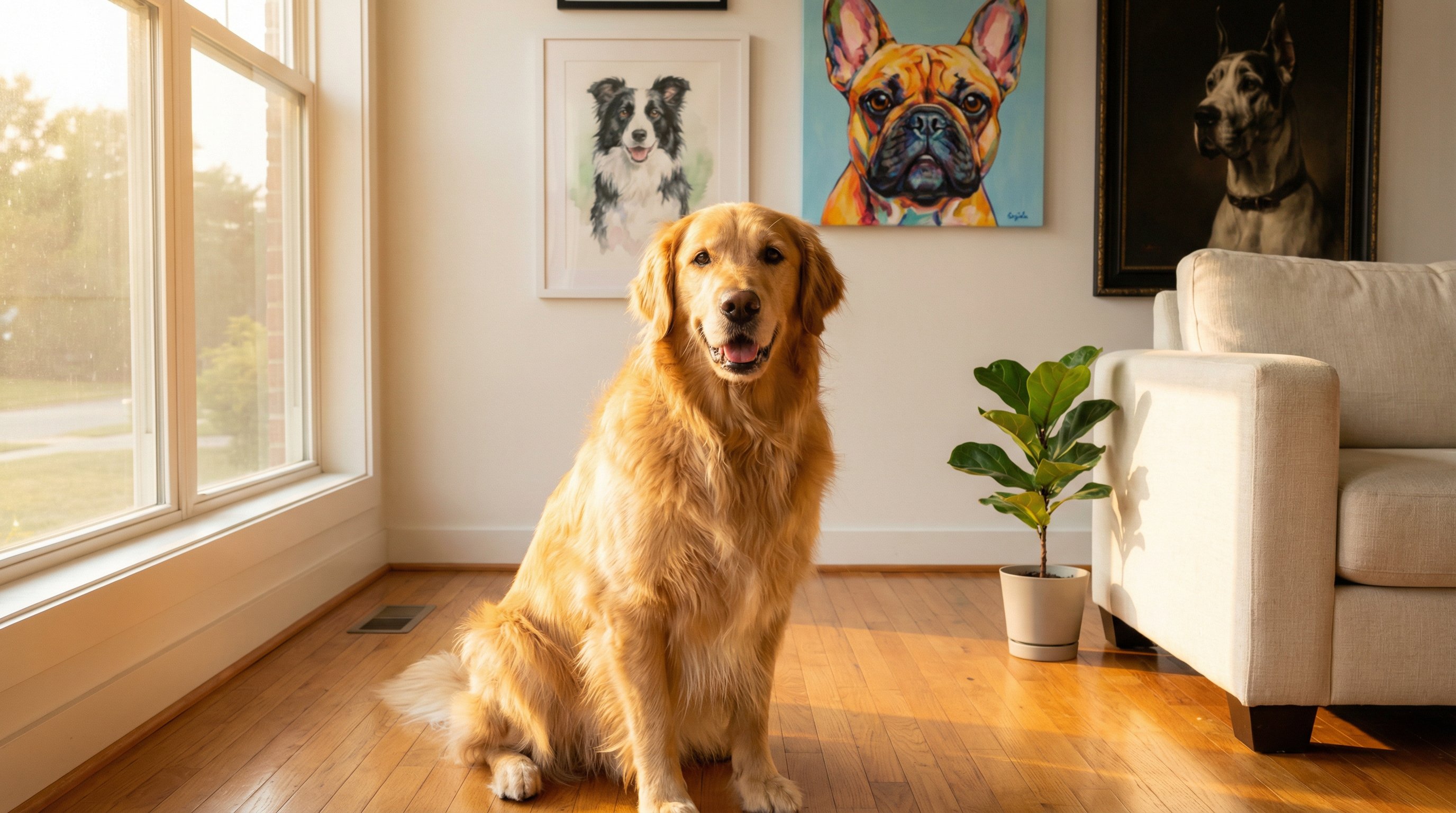 Golden Retriever sitting in a sunlit living room with framed dog portraits on the wall.