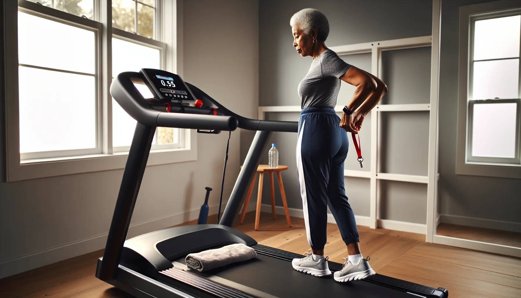Older woman starting a treadmill with safety key and long handrails.