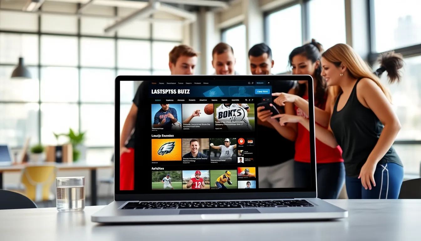 young professionals engaging with Latest Sports Buzz on a laptop.