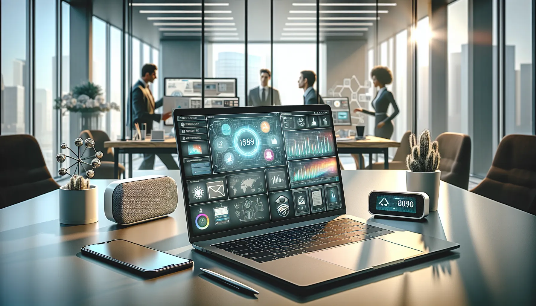 Modern office workstation with a laptop and IoT devices displaying a digital interface.