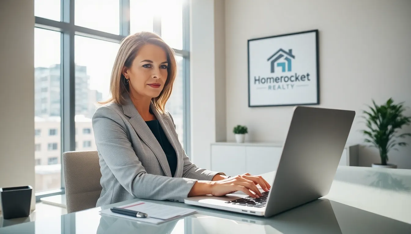 A real estate agent at a desk using email to communicate.