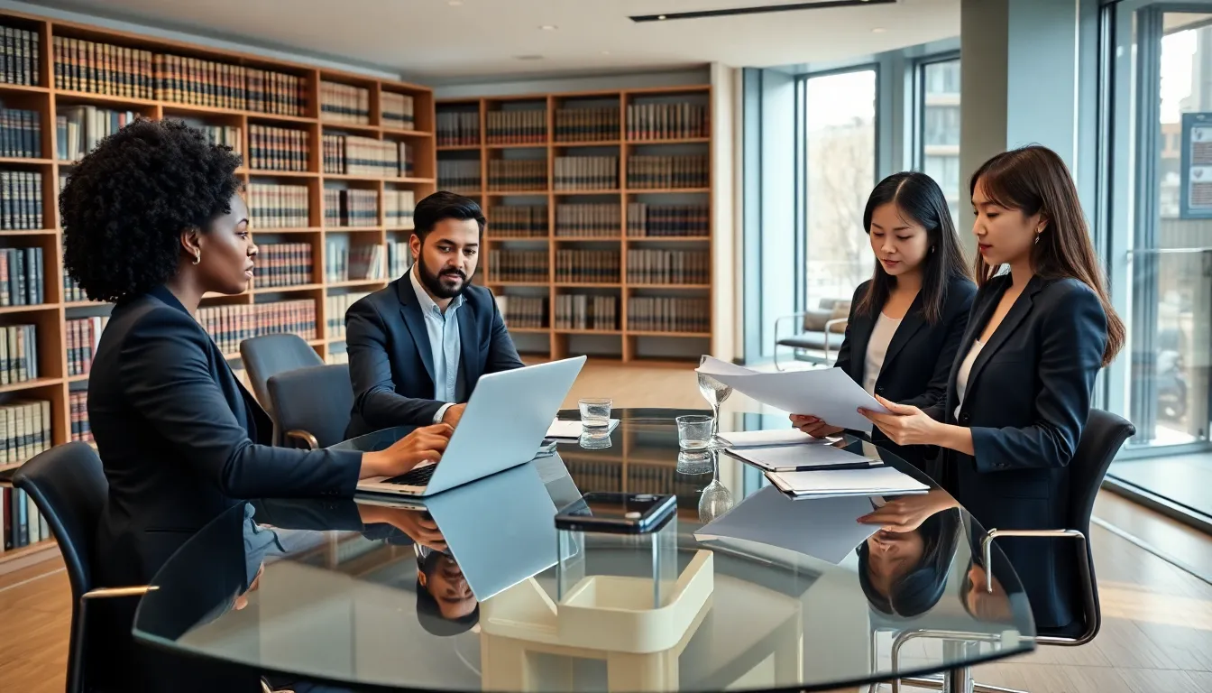 diverse professionals discussing fintech law in a modern office.