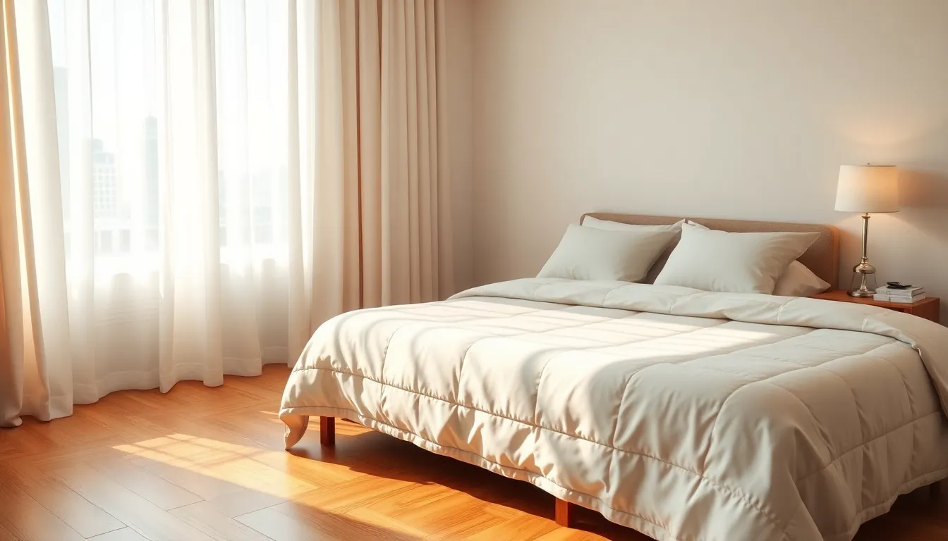 cozy bedroom with a comfortable bed and soft lighting.