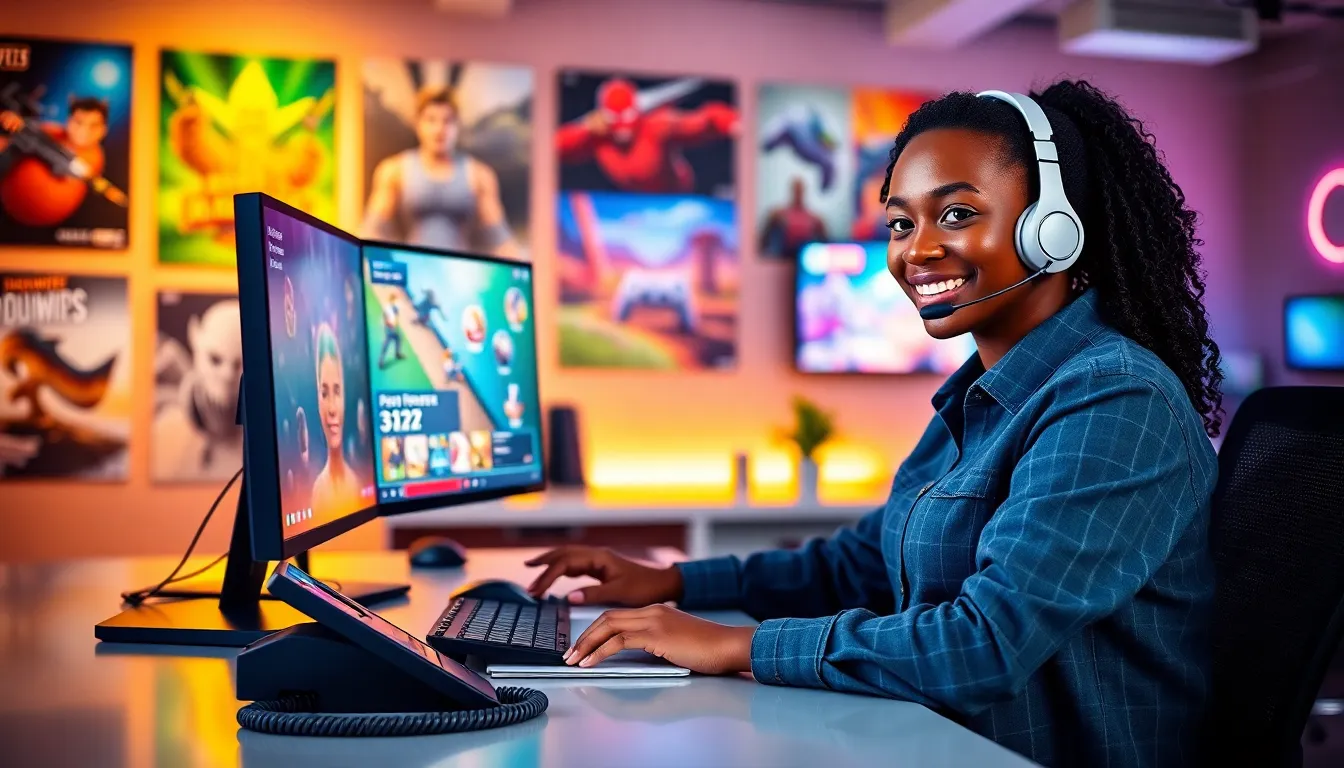 a customer support representative at ImagineerGames assisting a player in a modern office.