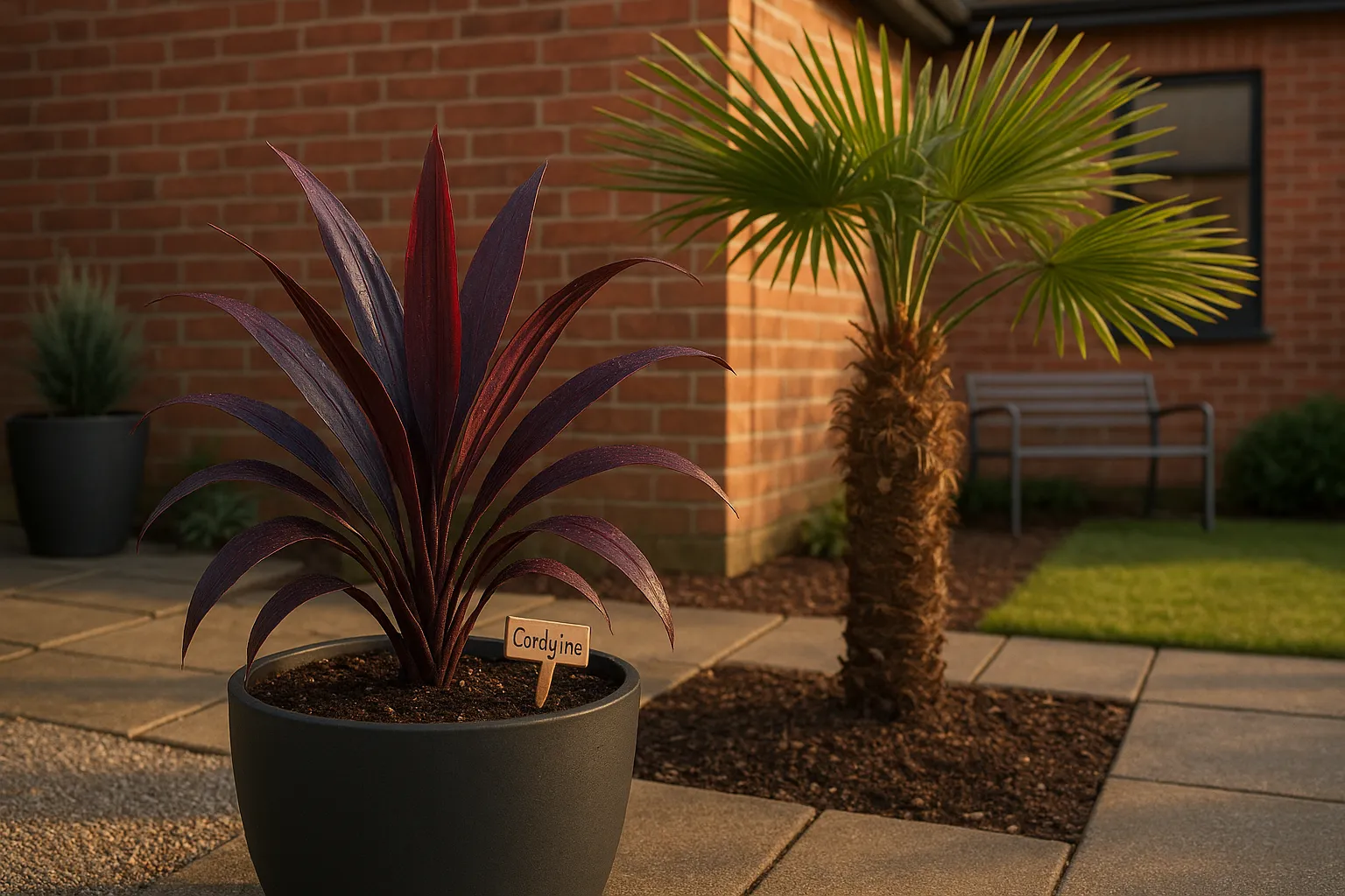 Purple Cordyline in a pot beside a trunked Trachycarpus palm in a sunny courtyard.