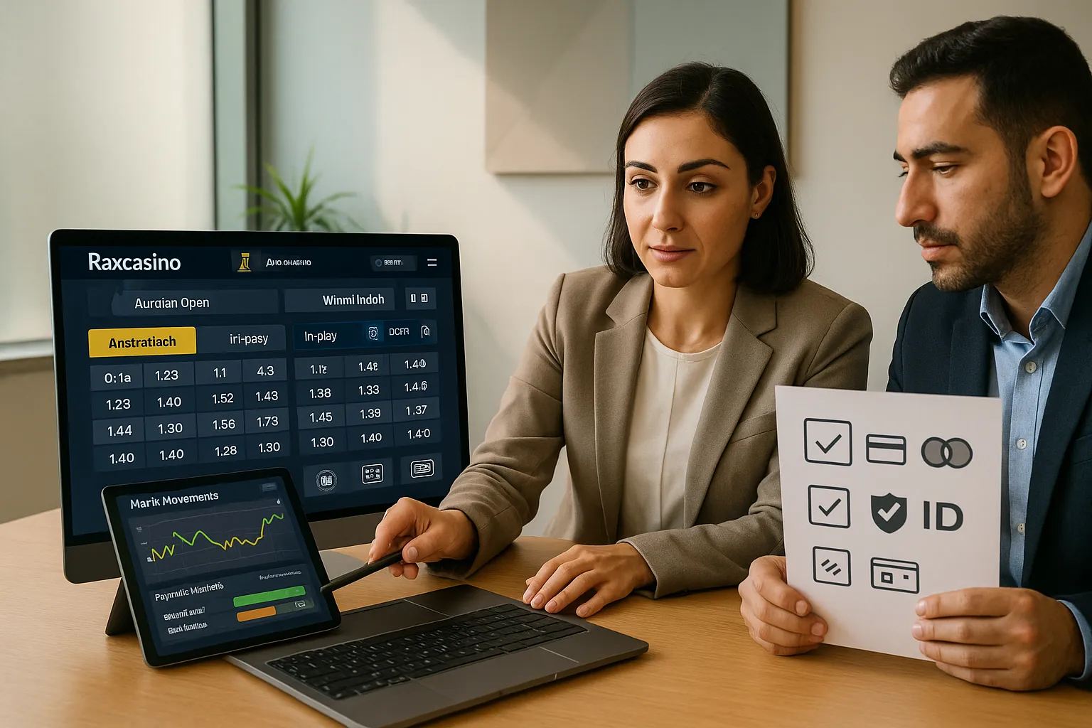 Professionals reviewing Raxcasino Grand Slam tennis betting dashboard