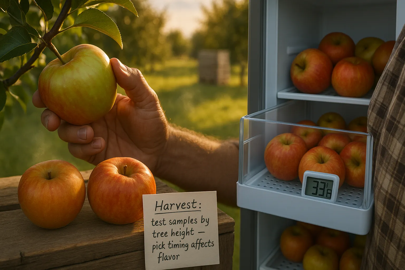 Orchardist picking a Braeburn with Cox’s and a fridge crisper thermometer nearby.