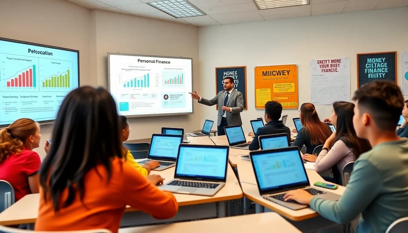 diverse students learning personal finance in a bright classroom.