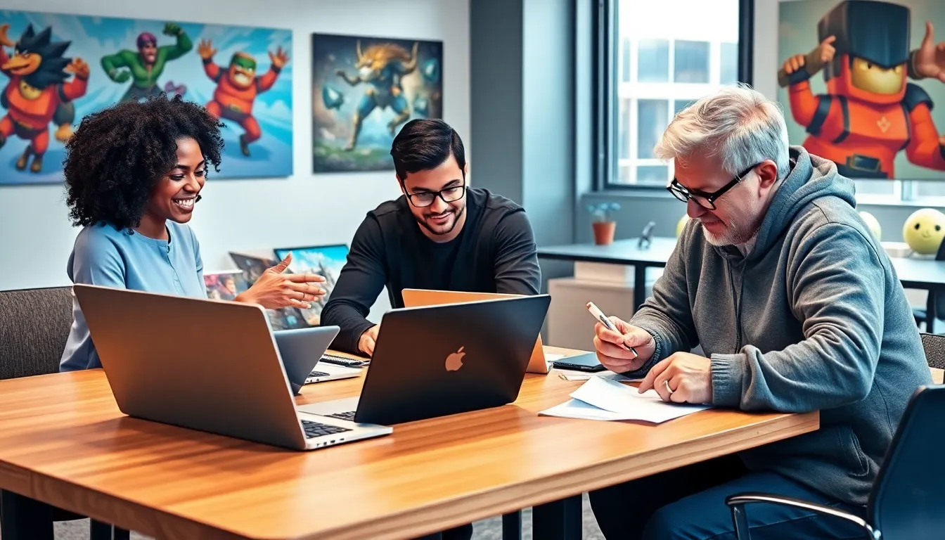game developers collaborating in a bright office setting.