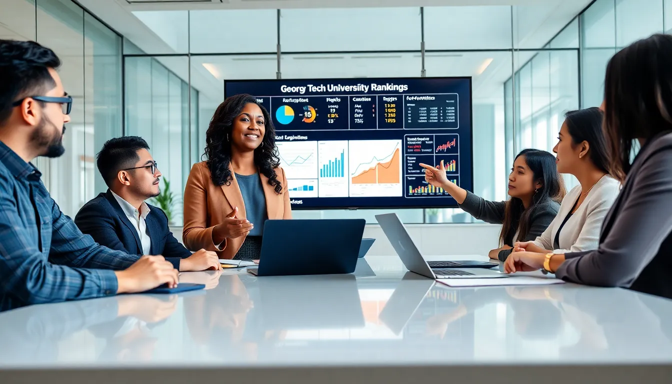 diverse professionals discussing Georgia Tech's university ranking in a modern office.