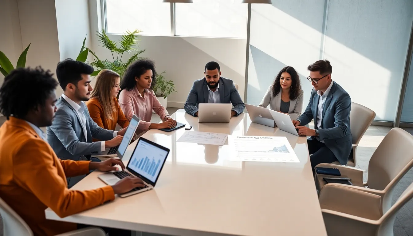 diverse team discussing rural housing income limits in a modern office.