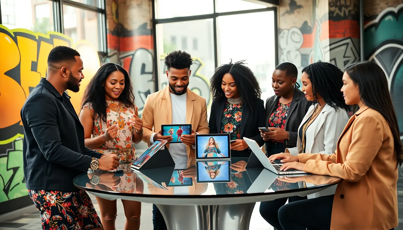 diverse group representing Sshaylarosee culture in a vibrant urban setting.
