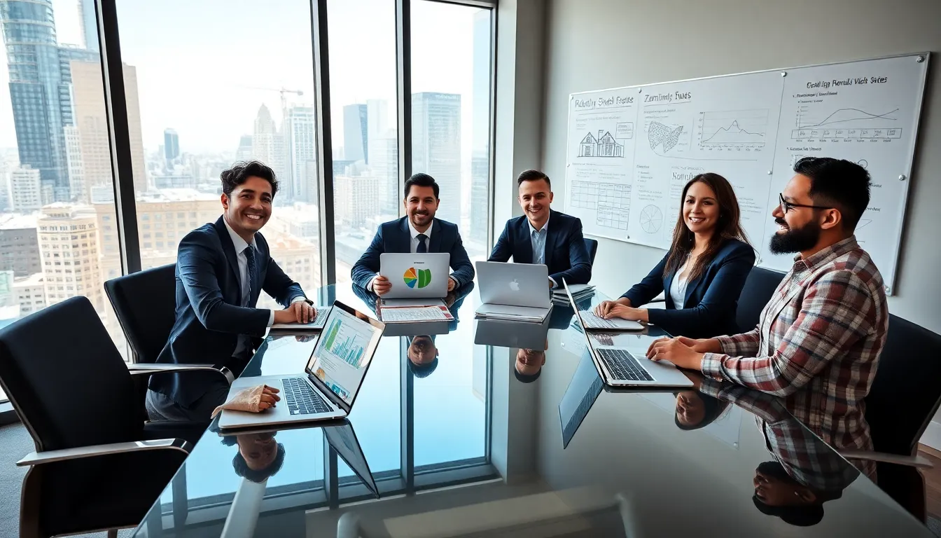 diverse investors discussing rental property investment strategy in a modern office.