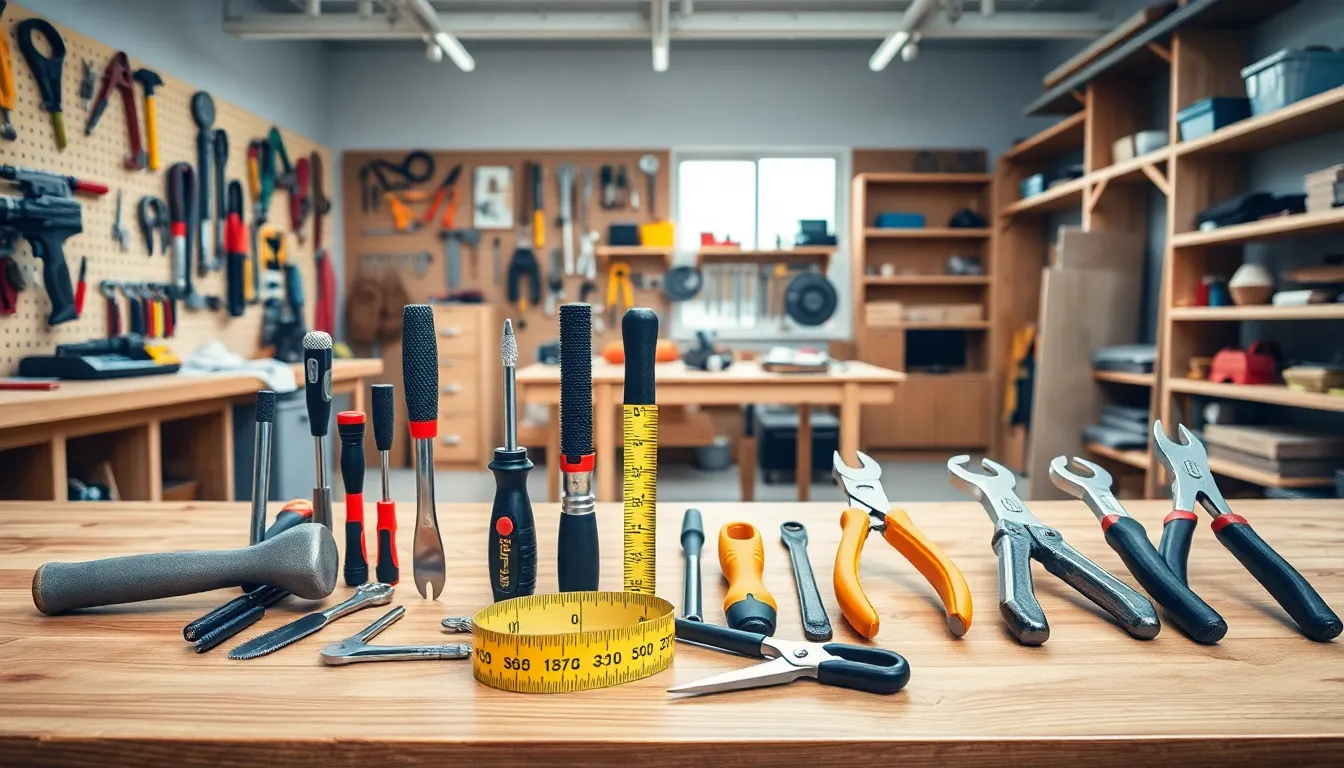 organized hand tools displayed in a modern workshop.