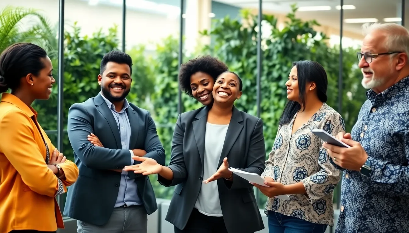 a diverse group of leaders collaborating in a modern office setting.