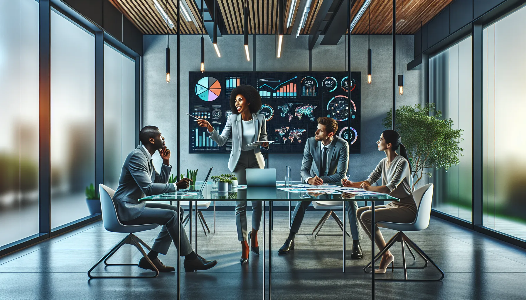 team brainstorming around a modern conference table in an office.