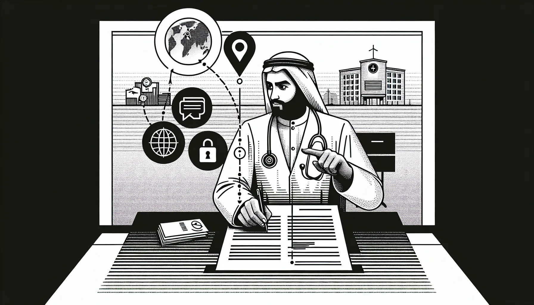 Physician at desk reviewing a contract with map radius, calendar, and icon cues.