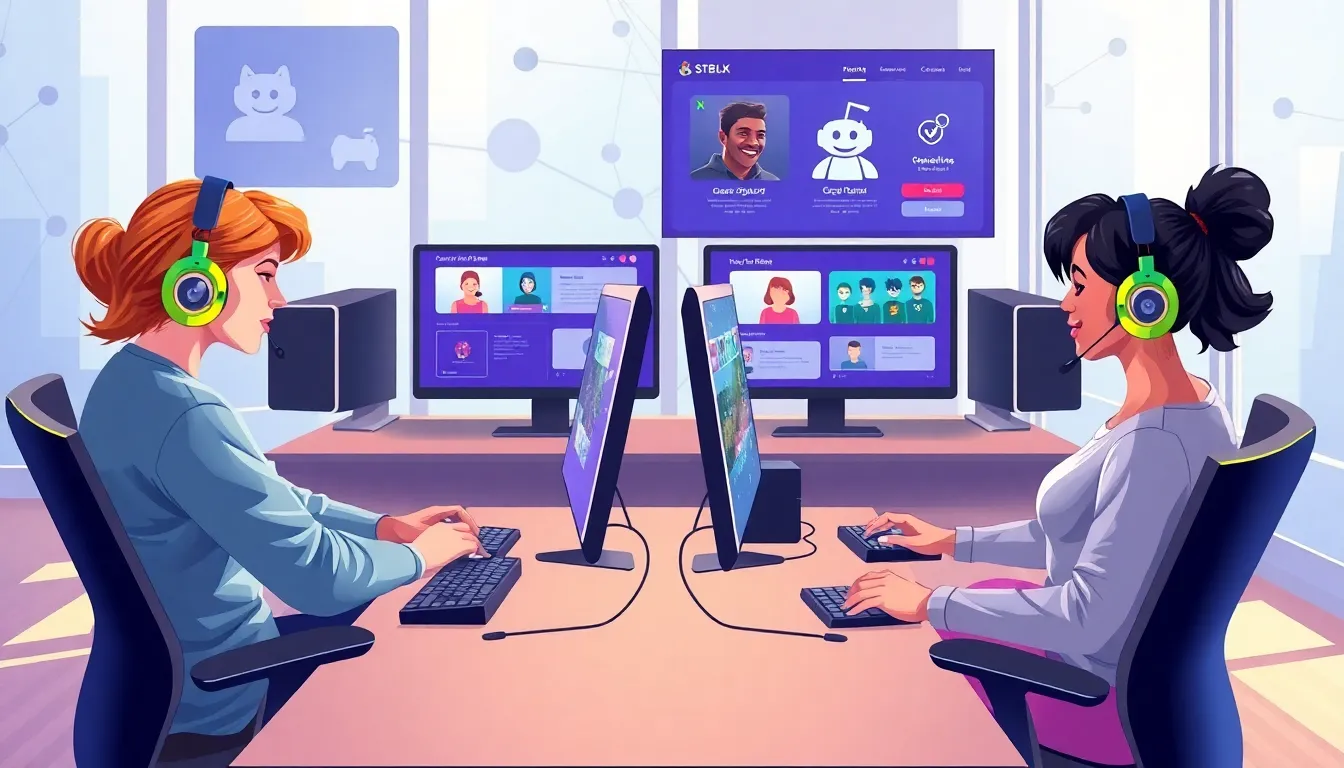 diverse gamers interacting in a modern digital community setting.