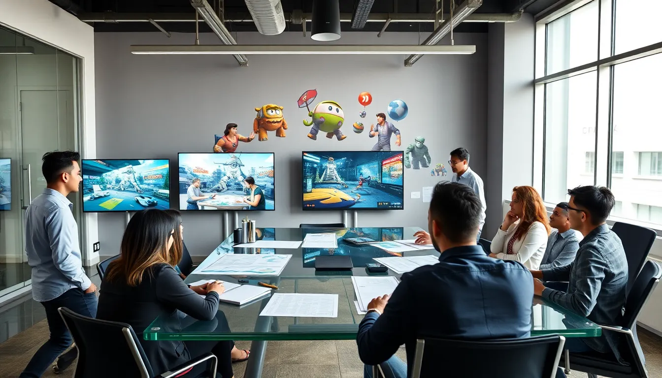 diverse team collaborating in a modern office for Imagineer Games.