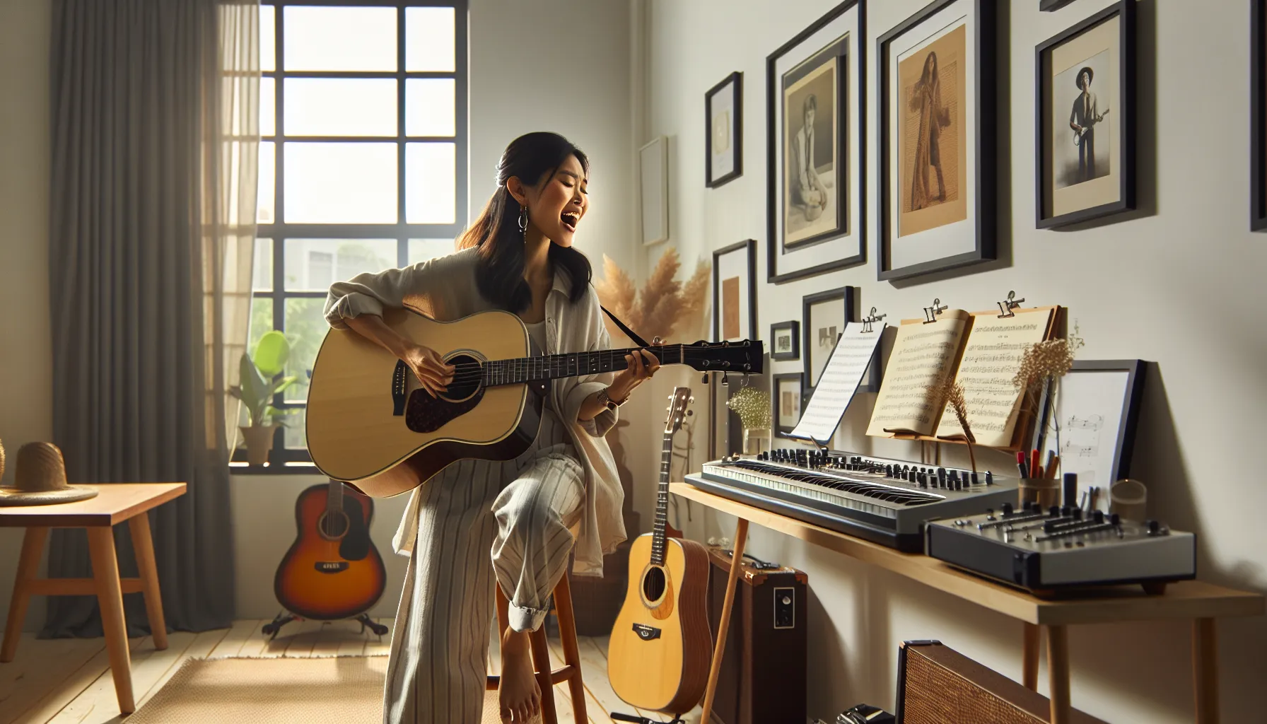 guitarist playing an acoustic guitar in Open E tuning in a home studio.