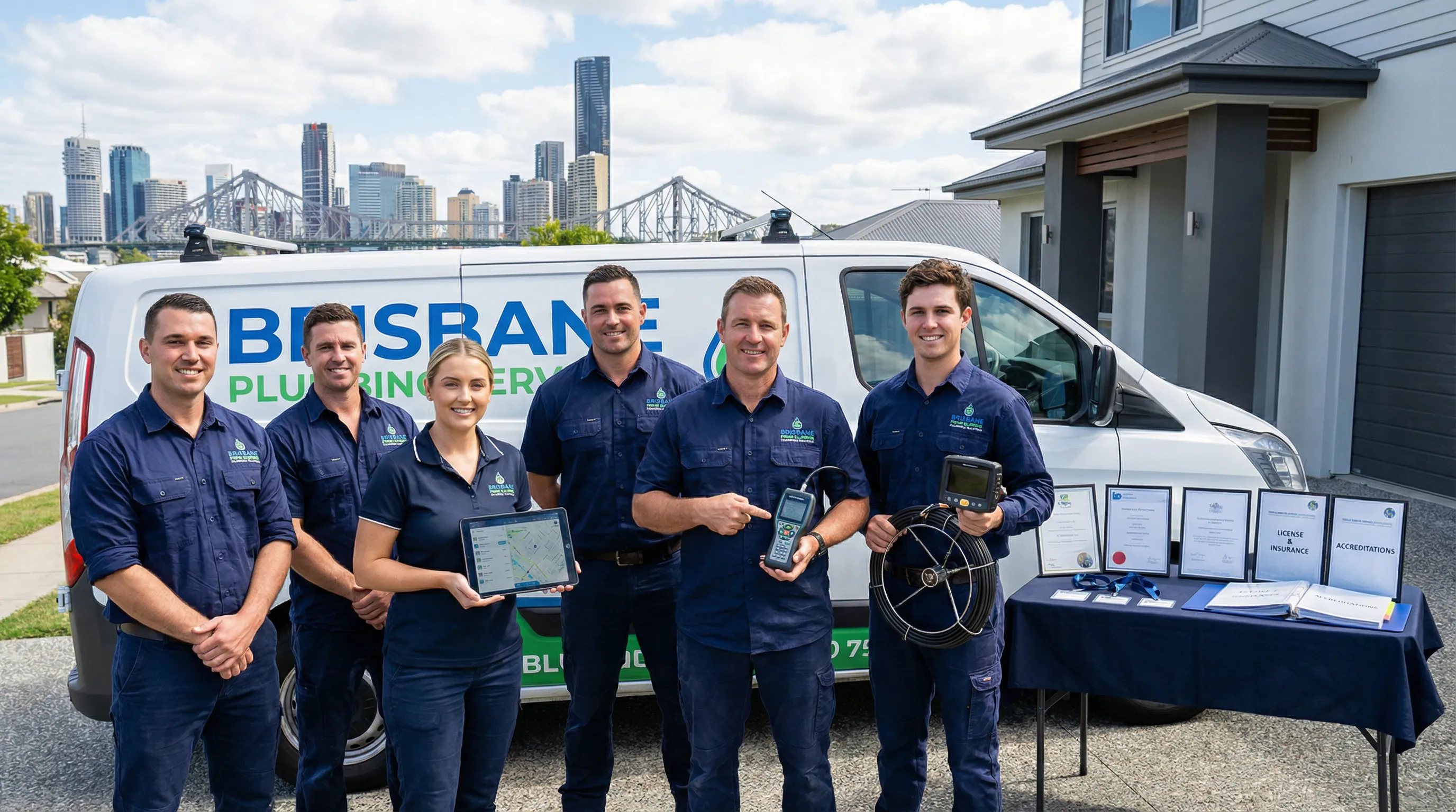 Professional plumbers with modern tools outside a Brisbane home.