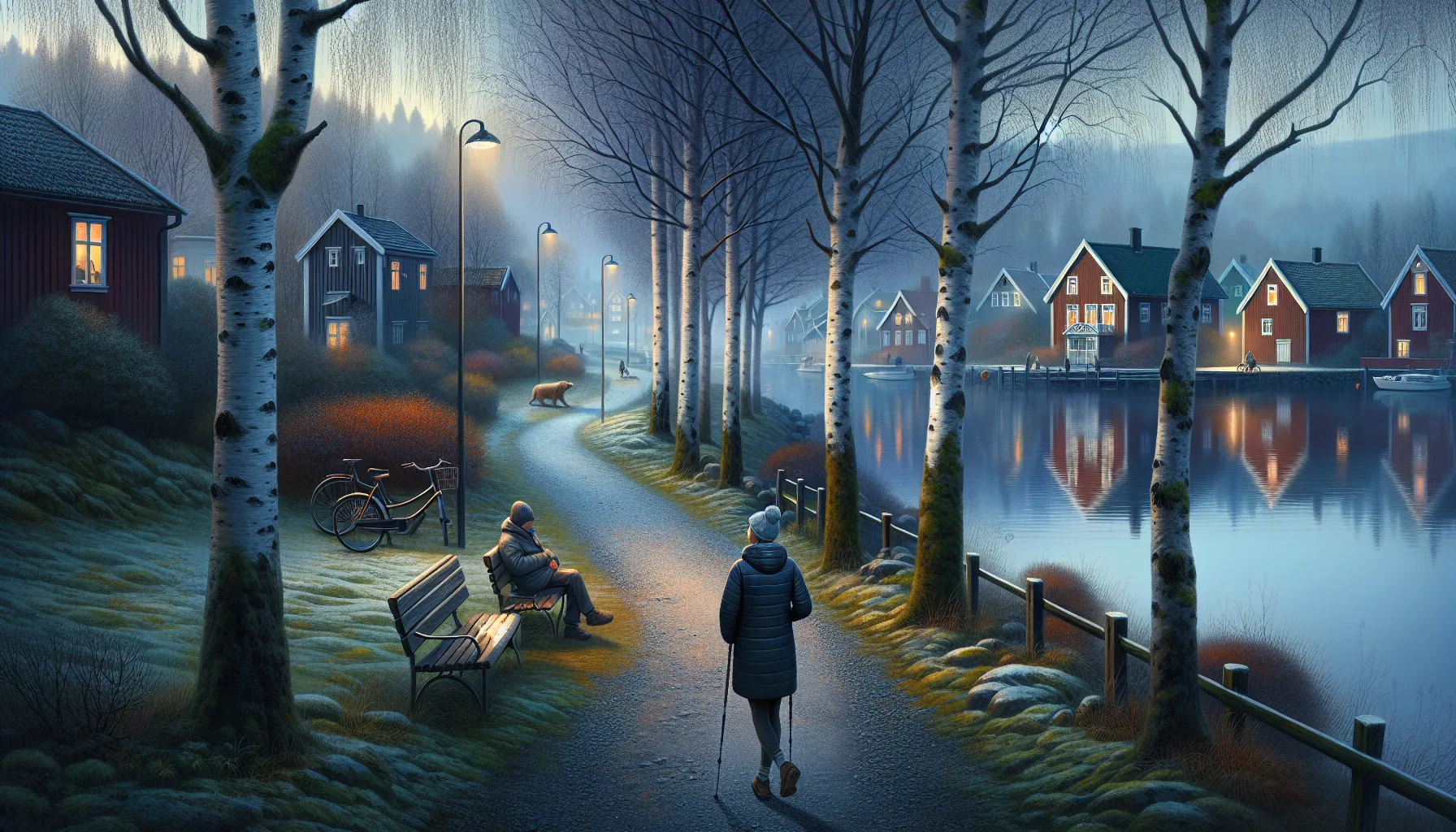 Woman on a quiet evening walk along a norwegian park path near homes.