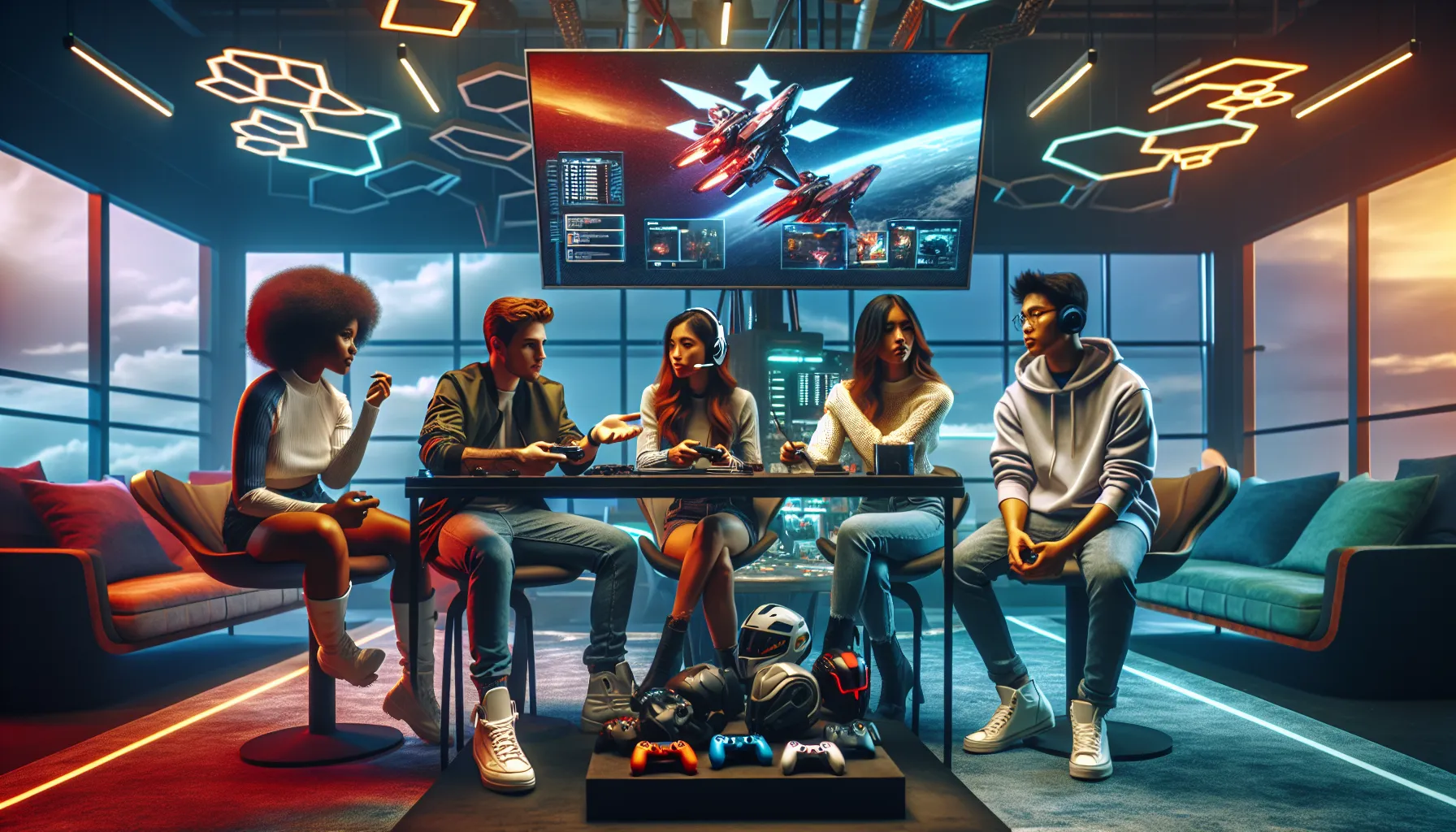diverse gamers discussing game updates in a modern lounge.