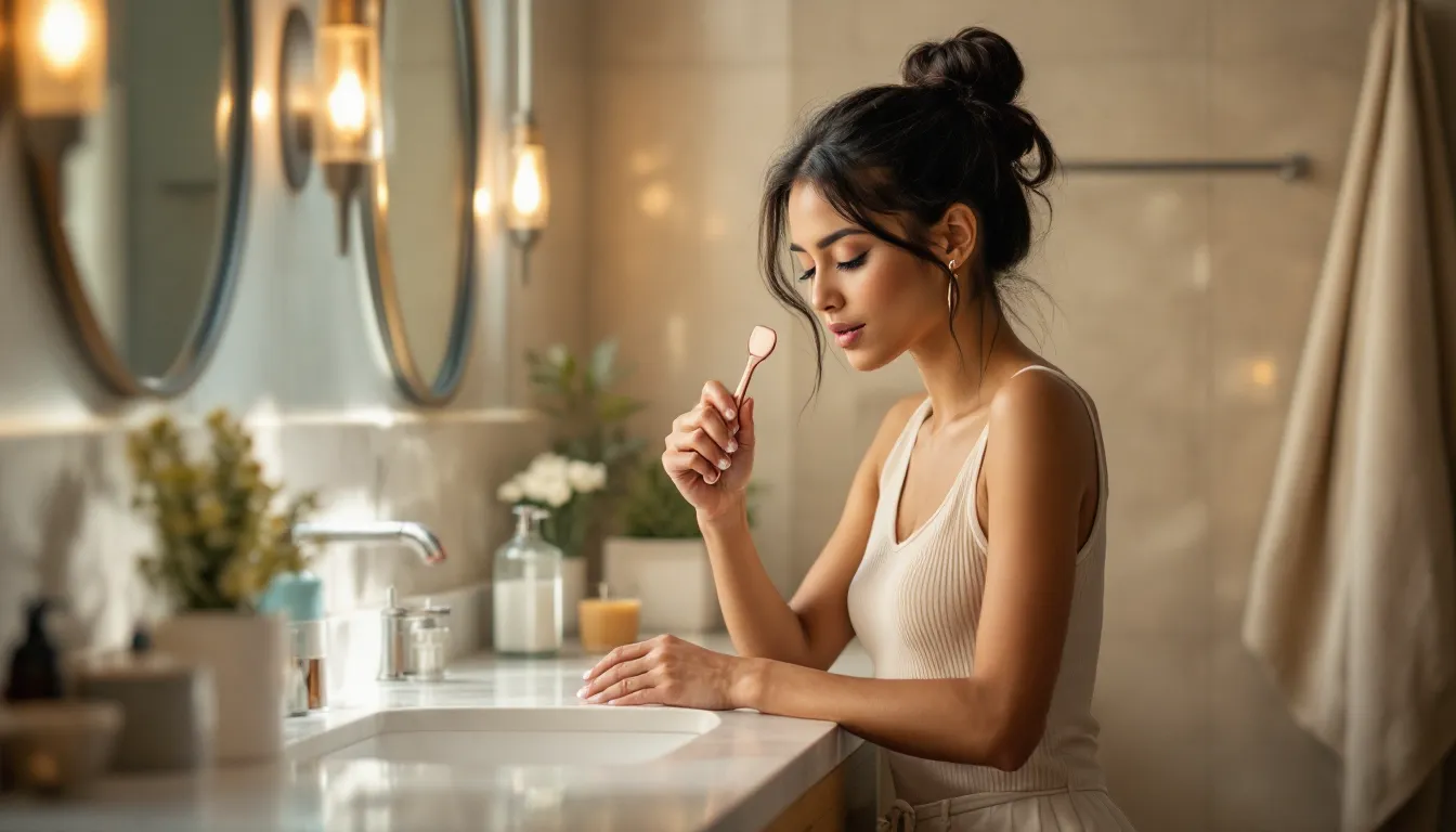 Woman using a copper tongue scraper in a sunlit bathroom during her morning routine.