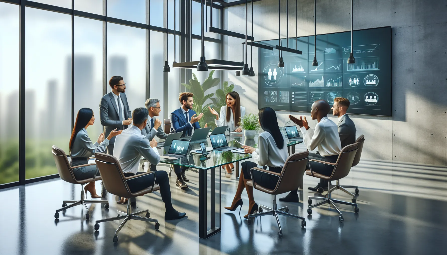 diverse professionals engaged in a video call in a modern office.