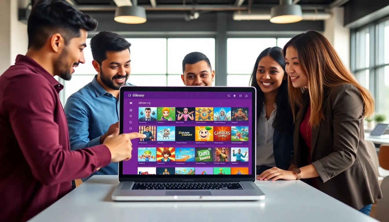 diverse group discussing games on a laptop in a modern office.