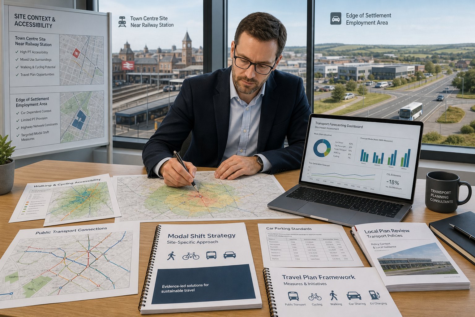 Transport consultant reviewing site maps and travel data in a modern office.